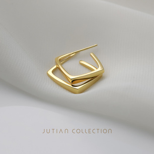 jutian高级感法式s925纯银，耳钉女百搭简约冷淡气质，短几何方形耳环