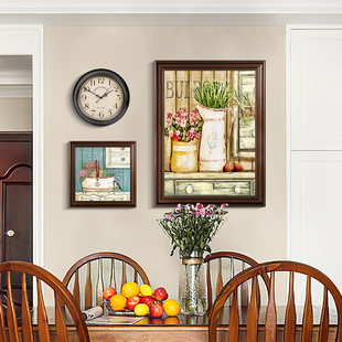 客厅复古挂画带钟表餐厅装饰画美式背景墙壁画时钟餐桌欧式油画
