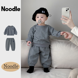 韩版儿童休闲运动服，男宝宝秋冬装套头长袖，加绒卫衣卫裤棒球服套装