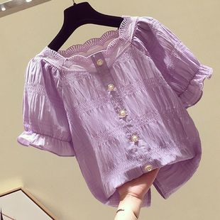 A雪纺上衣女短袖2022韩版夏季百搭遮肚子显瘦紫色甜美雪纺衬