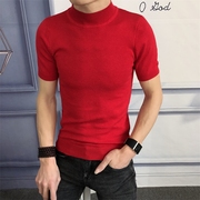 红人同款春秋季修身韩版男士，中高领短袖毛衣打底衫，半袖线衣t恤潮