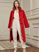 绒绒家高端米白色双面呢大衣女士，单排扣系带红色，全羊绒中长款外套