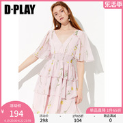 DPLAY夏欧美粉色印花喇叭袖收腰蛋糕连衣裙沙滩裙