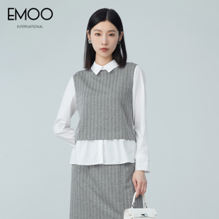 EMOO杨门春秋季假两件拼接宽松长袖衬衫韩版显瘦打底衫女