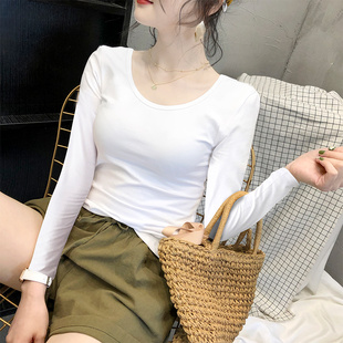 2024新款韩版秋冬白色女长袖T恤圆领打底衫纯棉紧身上衣薄款秋衣