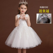 女童夏装公主裙白色网纱裙礼服，钢琴表演服中大童连衣裙蓬蓬裙花。