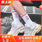 韩国长筒袜子女ulzzang中筒袜潮牌原宿两杠滑板袜运动学院风夏季