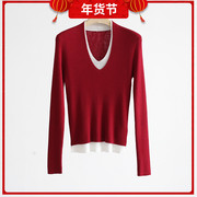 红色超细羊毛针织衫假两件v领拼色修身毛衣柔软亲肤双层打底衫