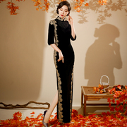 长款黑色金丝绒旗袍2023年中国风复古演出走秀气质连衣裙优雅