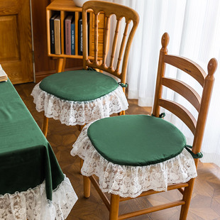 美式纯色四季通用布艺坐垫可拆洗绑带，蕾丝花边拼接法式餐椅垫薄款