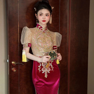 新中式高级云纱泡泡袖旗袍复古贵气华丽显瘦新娘订婚回门敬酒服