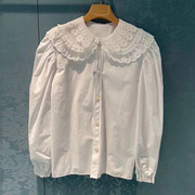 香港欧洲站ins唐嫣明星同款花边，蕾丝娃娃领白色衬衫泡泡袖衬衣女