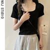 螺纹棉黑色短袖t恤女小个子夏季韩版修身方领半袖打底衫上衣