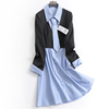蓝色条纹显瘦修身衬衫领假两件西装裙春季减龄女裙连衣裙N580