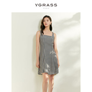 VGRASS法式方领格纹收腰连衣裙24年春季气质宽肩带吊带裙
