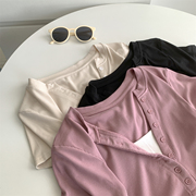 气质纯欲风撞色V领短袖T恤女粉红色夏季修身弹力小衫假两件上衣女