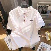 日系白色polo衫女短袖，t恤夏2024年宽松字母设计纯色简约上衣