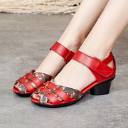 夏季凉鞋红色中跟粗跟名族风女鞋白色中国风中年妈妈鞋复古一体跟