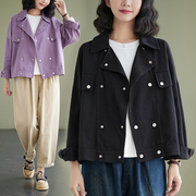 韩版小众西装领纯色短款外套女秋季大码休闲棉质长袖开衫上衣