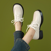 韩国白色单鞋女平底2024年春系带，真皮女鞋头，层牛皮软底乐福鞋