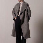 欧美秋冬女士人字纹宽松羊毛大衣，时髦系带法式大翻领气质毛呢外套