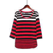 303春夏季红黑白条纹圆领七分袖，t恤时尚，舒适宽松显瘦百搭女t