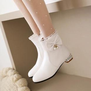 女童靴子短靴2023秋冬加绒小女孩，白色高跟鞋子公主，皮靴儿童马丁靴