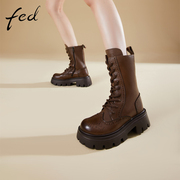 fed厚底马丁靴冬季加绒靴子系带复古中筒靴皮靴女1126-ZC539