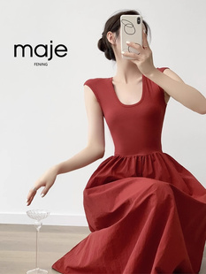 高端定制绝美红色连衣裙，女夏法式收腰气质高级感伞裙长裙