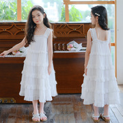 2024韩版女童连衣裙夏季甜美花边度假大摆裙中大童背带长裙子