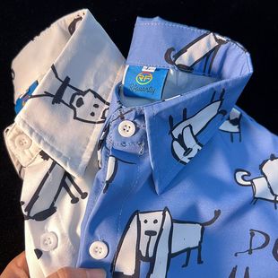 jew4room日系小狗痞帅polo短袖衬衫，设计感蓝色，衬衣男潮牌潮流夏季