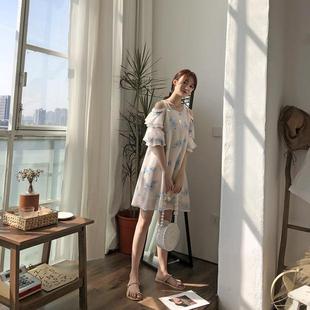 2023年夏季闺蜜款清新花朵亮片露肩爱心雪纺宽松长袖显瘦连衣裙