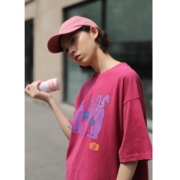 odd maker 玫粉色火龙果色日系短袖t恤女印花原创小众设计感宽松