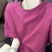 韩版女装夏季小心机后背镂空圆领上衣玫红小众别致短袖T恤衫