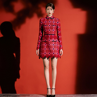 越南设计师水溶刺绣短上衣半身裙，敬酒服气质，小香风红色套装裙