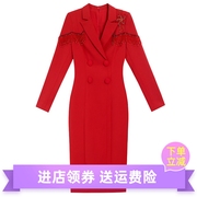 智丽红色连衣裙秋季2023年西装领手工钉珠，正式场合长袖包臀裙中裙
