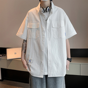 日系复古工装短袖衬衫男女夏季简约ins纯色街头百搭宽松半袖衬衣