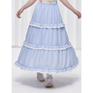 iamnotbad「海岛气泡」蕾丝蝴蝶结花边拼接蓝色格子甜美半身长裙
