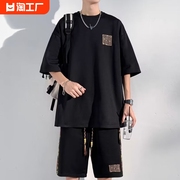 刺绣国风套装男士夏季大码中国风复古潮牌大码男装，短袖短裤一整套