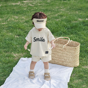 夏季韩版婴儿衣服男童，纯棉短袖宝宝可爱卫衣，两件套装薄款分体夏装
