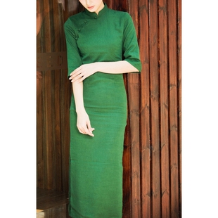 唐之语日常亚麻纯色长款优雅中袖女七分袖长袖民国风旗袍连衣裙绿