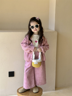 2023秋季韩版甜美系童装 女童粉色麻花毛衣开衫毛线外套套装