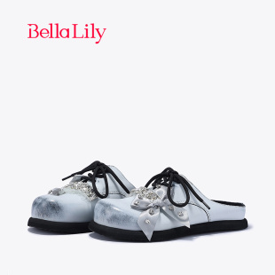 BellaLily2024春时尚银色外穿半拖女复古擦色牛皮蝴蝶结半包拖鞋