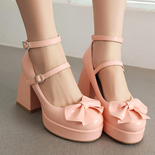 韩版甜美可爱蝴蝶结粉色少女，高跟鞋女粗跟单鞋，女学生公主洛丽塔鞋