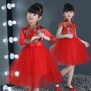 短袖儿童喜庆演出服女童红色，蓬蓬裙中国风民族，舞蹈服装古筝表演服