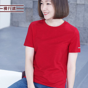 2024大红色外穿上衣夏季中年，妈妈短袖t恤女圆领半袖大码体恤