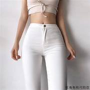 韩国高腰牛仔裤女显瘦白色，九分裤修身蜜桃臀，紧身小脚铅笔裤子