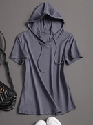 灰色连帽短袖T恤女2024夏季洋气修身显瘦纯棉帽衫设计感上衣