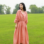 原创设计女装夏款细支苎麻，橘红色气质衬衫，式长裙不规则绑带连衣裙