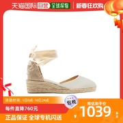 香港直邮潮奢Castañer鞋女白色包头帆布麻质坡跟绑带设计